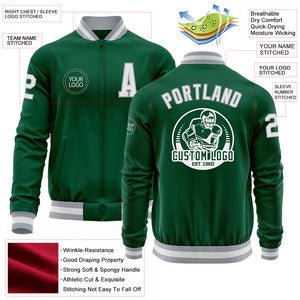 Custom Kelly Green White-Gray Bomber Varsity Letterman Zipper Jacket