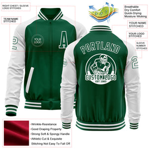 Custom Kelly Green White Bomber Varsity Letterman Two Tone Zipper Jacket