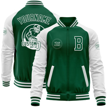 Custom Kelly Green White Bomber Varsity Letterman Two Tone Zipper Jacket