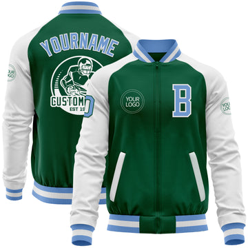 Custom Kelly Green Light Blue-White Bomber Varsity Letterman Two Tone Zipper Jacket