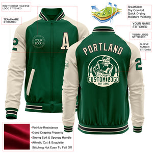 Custom Kelly Green Cream-Black Bomber Varsity Letterman Two Tone Zipper Jacket