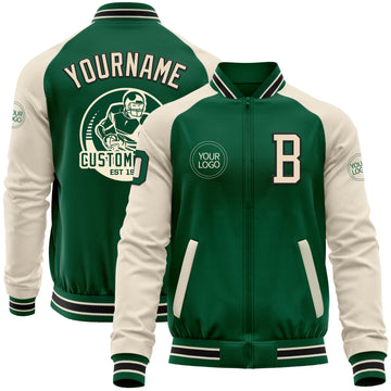 Custom Kelly Green Cream-Black Bomber Varsity Letterman Two Tone Zipper Jacket