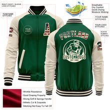 Load image into Gallery viewer, Custom Kelly Green Vintage USA Flag Cream-Black Bomber Varsity Letterman Two Tone Zipper Jacket
