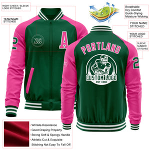 Custom Kelly Green Pink-White Bomber Varsity Letterman Two Tone Zipper Jacket