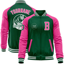 Load image into Gallery viewer, Custom Kelly Green Pink-White Bomber Varsity Letterman Two Tone Zipper Jacket
