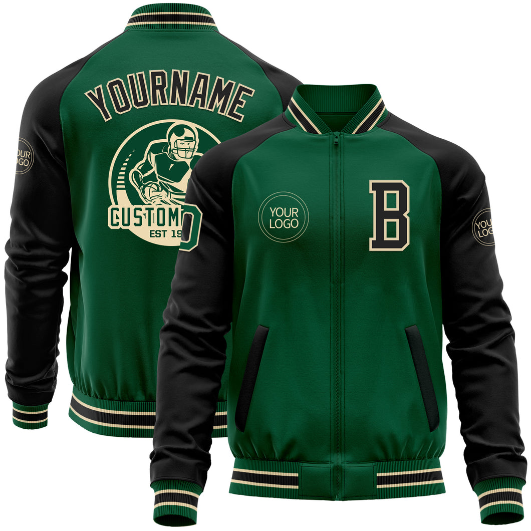 Custom Kelly Green Black-Cream Bomber Varsity Letterman Two Tone Zipper Jacket