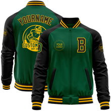 Load image into Gallery viewer, Custom Kelly Green Black-Gold Bomber Varsity Letterman Two Tone Zipper Jacket
