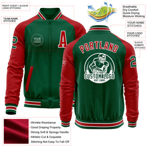 Custom Kelly Green Red-White Bomber Varsity Letterman Two Tone Zipper Jacket