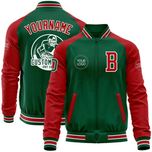 Custom Kelly Green Red-White Bomber Varsity Letterman Two Tone Zipper Jacket