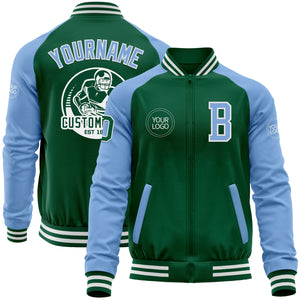 Custom Kelly Green Light Blue-White Bomber Varsity Letterman Two Tone Zipper Jacket