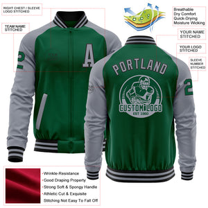 Custom Kelly Green Gray-Black Bomber Varsity Letterman Two Tone Zipper Jacket