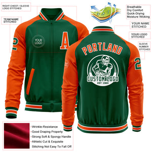 Custom Kelly Green Orange-White Bomber Varsity Letterman Two Tone Zipper Jacket