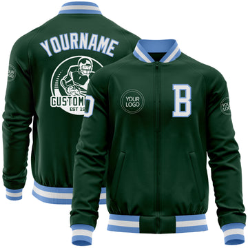 Custom Green White-Light Blue Bomber Varsity Letterman Zipper Jacket