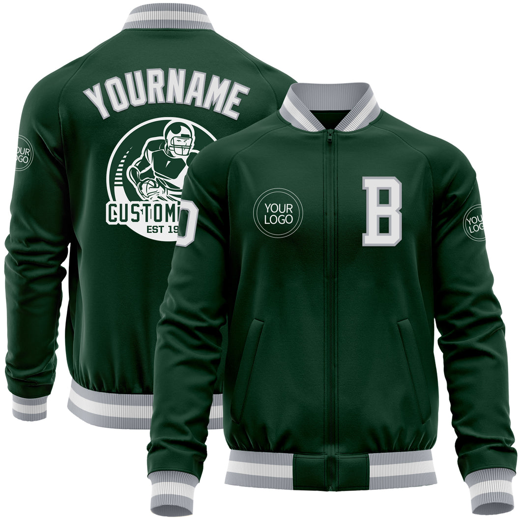 Custom Green White-Gray Bomber Varsity Letterman Zipper Jacket