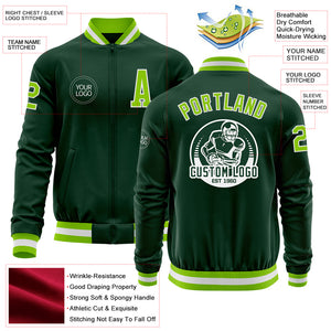 Custom Green Neon Green-White Bomber Varsity Letterman Zipper Jacket