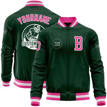 Custom Green Pink-White Bomber Varsity Letterman Zipper Jacket