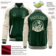 Load image into Gallery viewer, Custom Green Cream Bomber Varsity Letterman Two Tone Zipper Jacket
