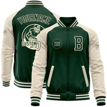 Load image into Gallery viewer, Custom Green Cream Bomber Varsity Letterman Two Tone Zipper Jacket
