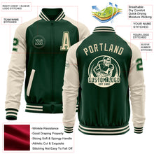 Load image into Gallery viewer, Custom Green Cream Bomber Varsity Letterman Two Tone Zipper Jacket
