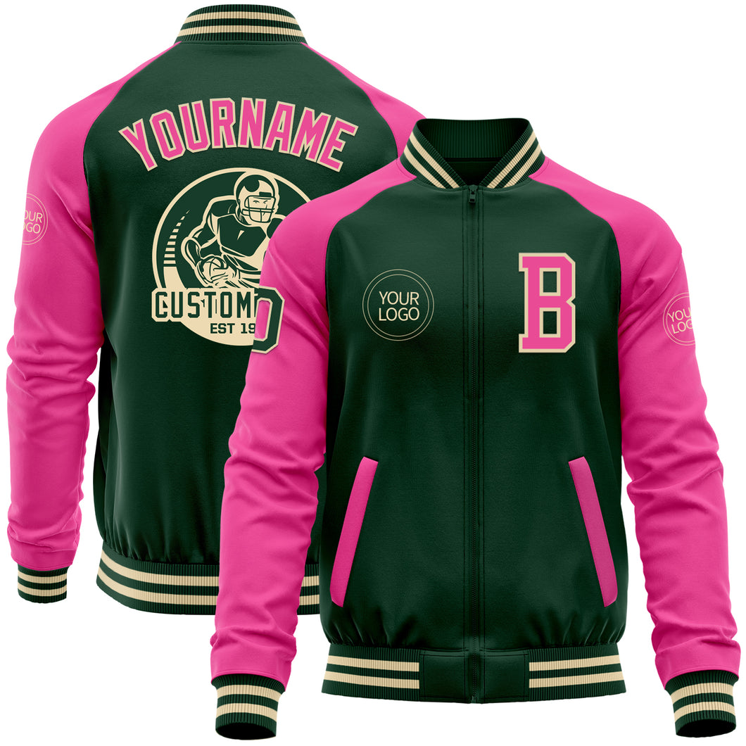 Custom Green Pink-Cream Bomber Varsity Letterman Two Tone Zipper Jacket