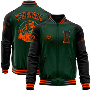 Custom Green Black-Orange Bomber Varsity Letterman Two Tone Zipper Jacket