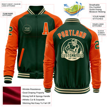 Load image into Gallery viewer, Custom Green Orange-Cream Bomber Varsity Letterman Two Tone Zipper Jacket
