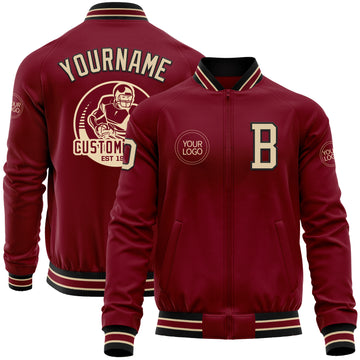 Custom Crimson City Cream-Black Bomber Varsity Letterman Zipper Jacket