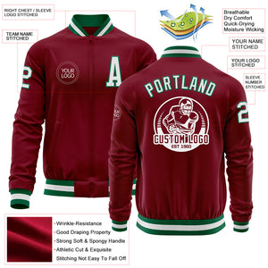 Custom Crimson White-Kelly Green Bomber Varsity Letterman Zipper Jacket