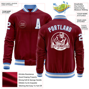 Custom Crimson White-Light Blue Bomber Varsity Letterman Zipper Jacket