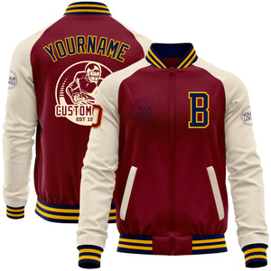 Custom Crimson Navy Gold-Cream Bomber Varsity Letterman Two Tone Zipper Jacket