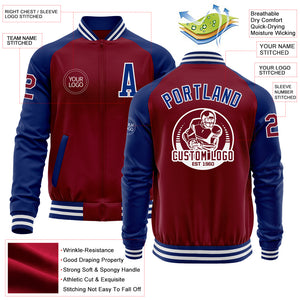 Custom Crimson Royal-White Bomber Varsity Letterman Two Tone Zipper Jacket