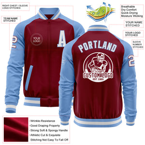 Custom Crimson White-Light Blue Bomber Varsity Letterman Two Tone Zipper Jacket