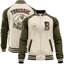 Load image into Gallery viewer, Custom Cream Vintage USA Flag Black-Olive Bomber Varsity Letterman Two Tone Zipper Jacket
