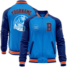 Load image into Gallery viewer, Custom Powder Blue Orange-Royal Bomber Varsity Letterman Two Tone Zipper Jacket
