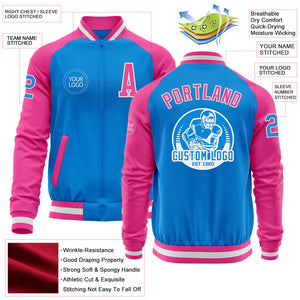 Custom Powder Blue White-Pink Bomber Varsity Letterman Two Tone Zipper Jacket