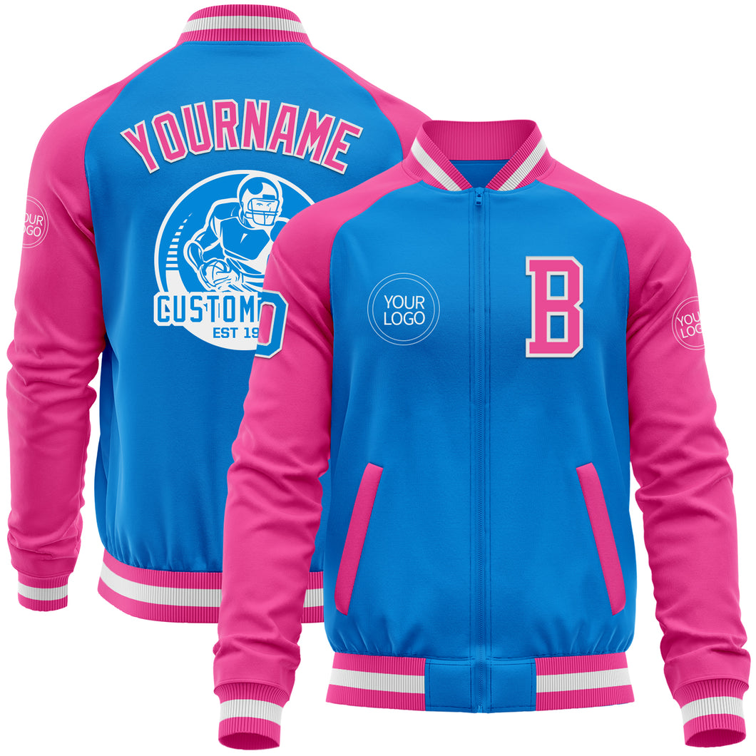 Custom Powder Blue White-Pink Bomber Varsity Letterman Two Tone Zipper Jacket