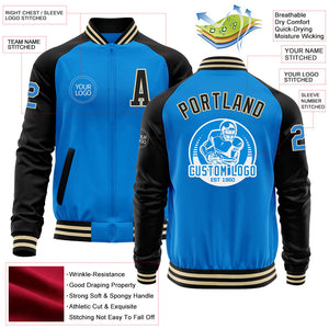 Custom Powder Blue Cream-Black Bomber Varsity Letterman Two Tone Zipper Jacket