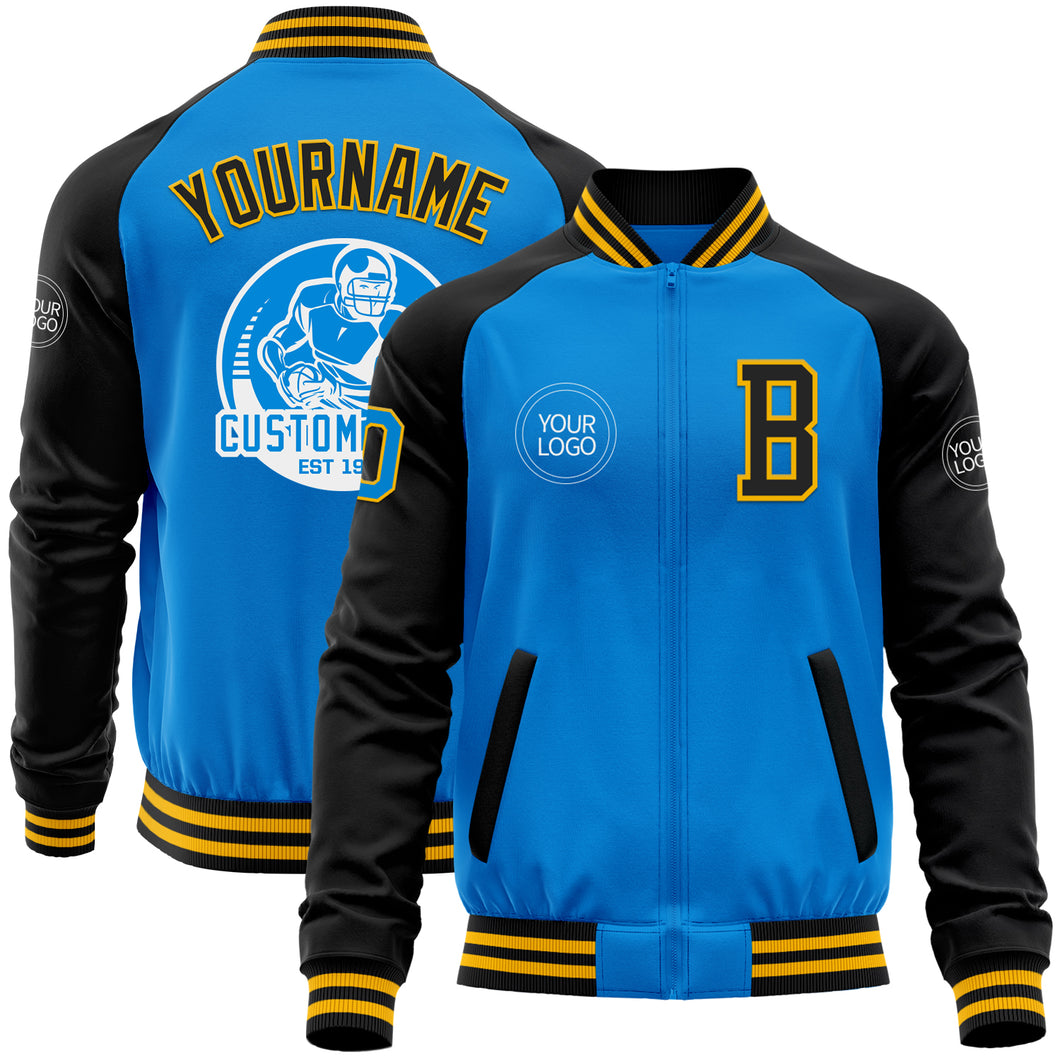 Custom Powder Blue Gold-Black Bomber Varsity Letterman Two Tone Zipper Jacket