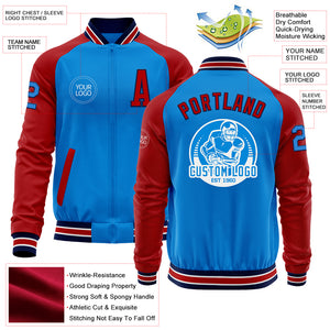 Custom Powder Blue Navy-Red Bomber Varsity Letterman Two Tone Zipper Jacket