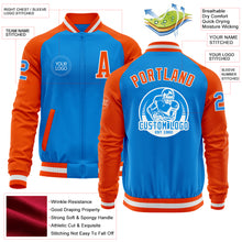 Load image into Gallery viewer, Custom Powder Blue White-Orange Bomber Varsity Letterman Two Tone Zipper Jacket
