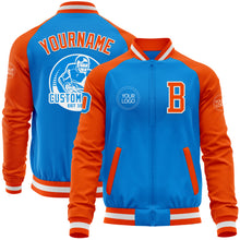 Load image into Gallery viewer, Custom Powder Blue White-Orange Bomber Varsity Letterman Two Tone Zipper Jacket
