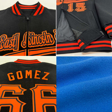 Custom Powder Blue Black-Orange Bomber Varsity Letterman Two Tone Zipper Jacket