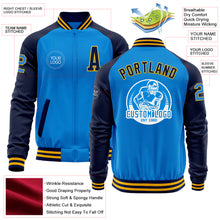 Load image into Gallery viewer, Custom Powder Blue Gold-Navy Bomber Varsity Letterman Two Tone Zipper Jacket
