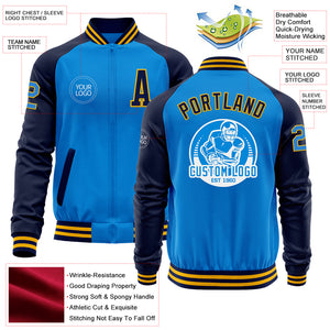 Custom Powder Blue Gold-Navy Bomber Varsity Letterman Two Tone Zipper Jacket