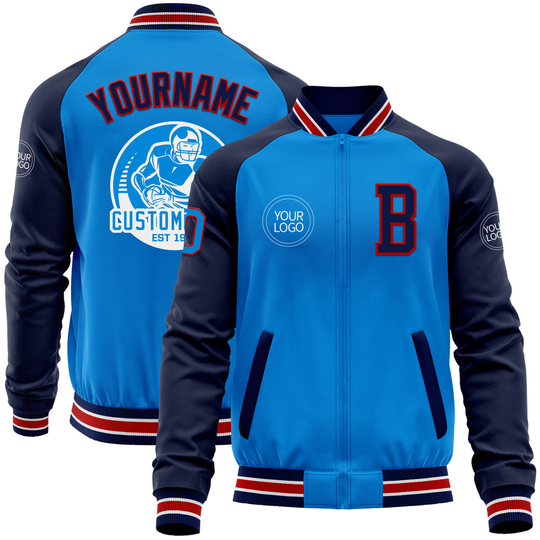 Custom Powder Blue Red-Navy Bomber Varsity Letterman Two Tone Zipper Jacket