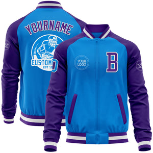 Custom Powder Blue White-Purple Bomber Varsity Letterman Two Tone Zipper Jacket