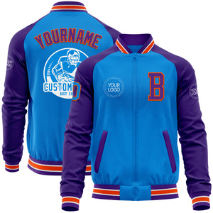 Custom Powder Blue Orange-Purple Bomber Varsity Letterman Two Tone Zipper Jacket