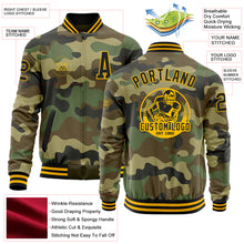 Load image into Gallery viewer, Custom Camo Black-Gold Bomber Varsity Letterman Salute To Service Zipper Jacket
