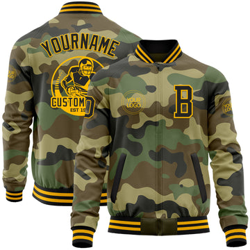 Custom Camo Black-Gold Bomber Varsity Letterman Salute To Service Zipper Jacket