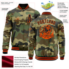 Load image into Gallery viewer, Custom Camo Black-Orange Bomber Varsity Letterman Salute To Service Zipper Jacket
